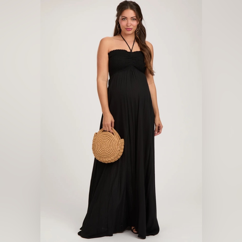 Black Smocked Halter Maternity Maxi Dress